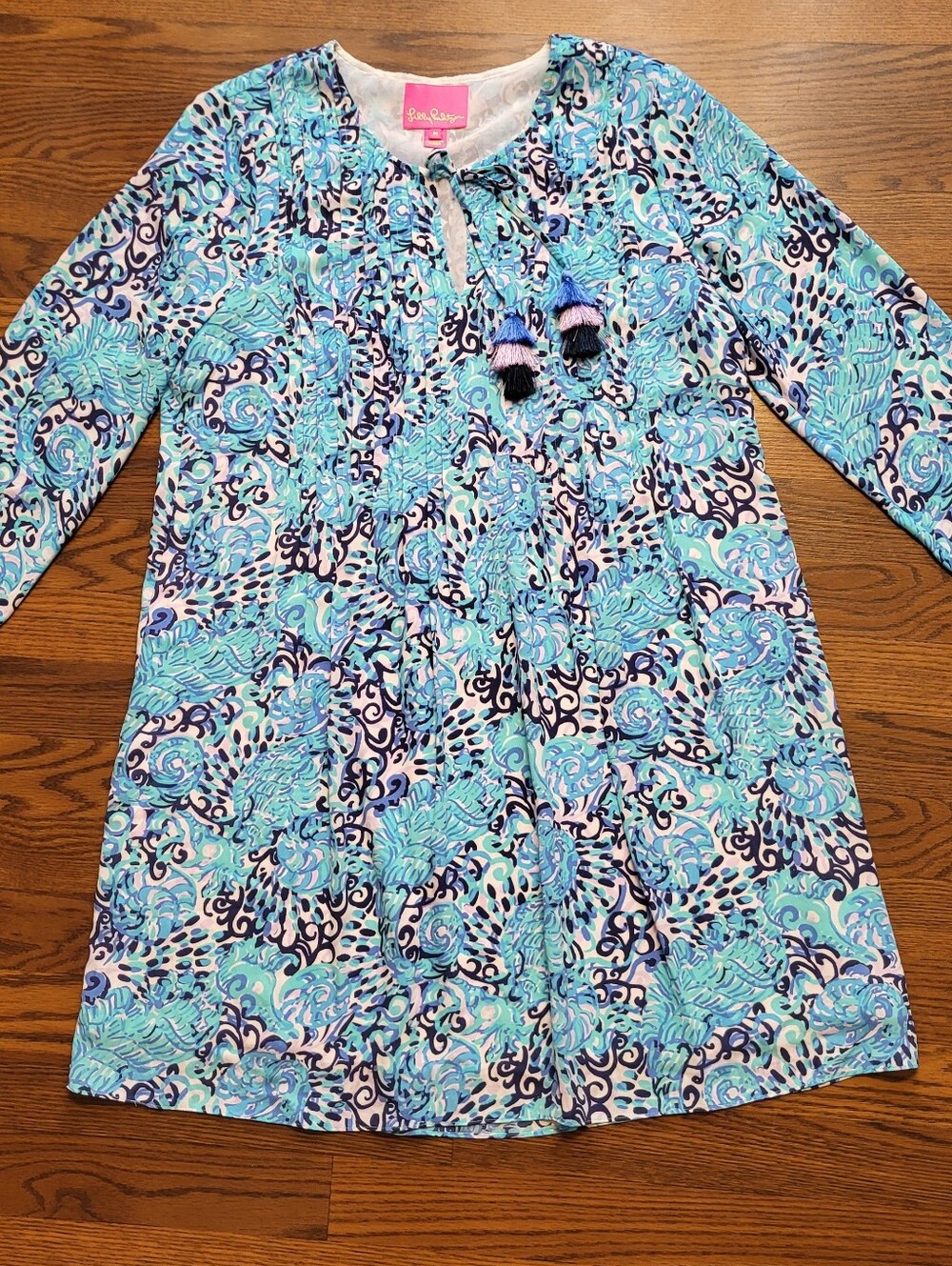 Blue LILLY PULITZER SEAHORSE & SHELLS Marilina Light Aqua Spritz Tunic Dress M